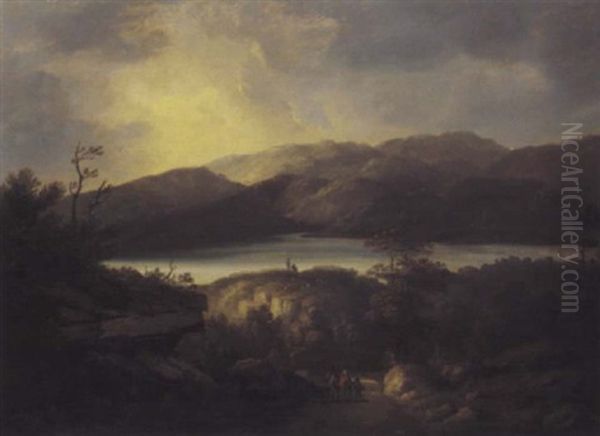 View Of A Loch, Figures On A Rocky Path Before - view 1