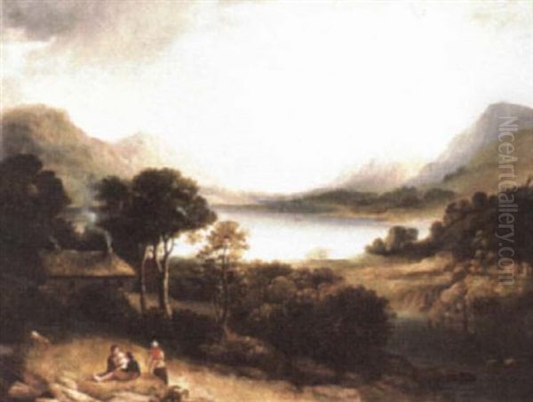 Figures Resting Outside A Cottage By A Highland Loch - view 1