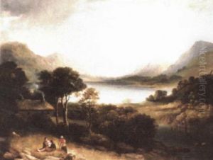 Figures Resting Outside A Cottage By A Highland Loch by Alexander Nasmyth