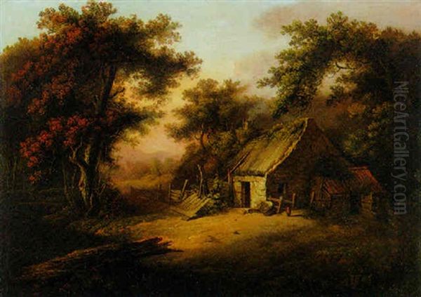 A Cottage In A Wooded Landscape, With A Church Beyond - view 1