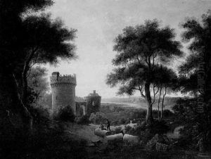 River Landscape With Figures By A Castle by Alexander Nasmyth