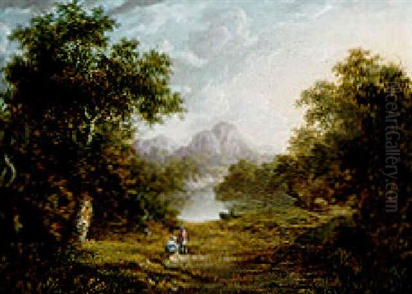 Figures In A Wooded Lake Landscape With Mountains Beyond - view 1