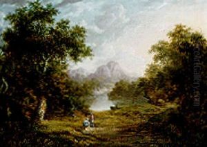 Figures In A Wooded Lake Landscape With Mountains Beyond by Alexander Nasmyth
