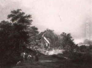 Figures On A Path With A Cottage Beyond