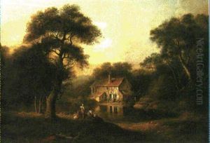 A Wooded Landscape With A Cottage And Figures By A Pool