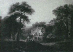 A Wooded River Landscape With A Cottage And Figures Beside A Pond by Alexander Nasmyth