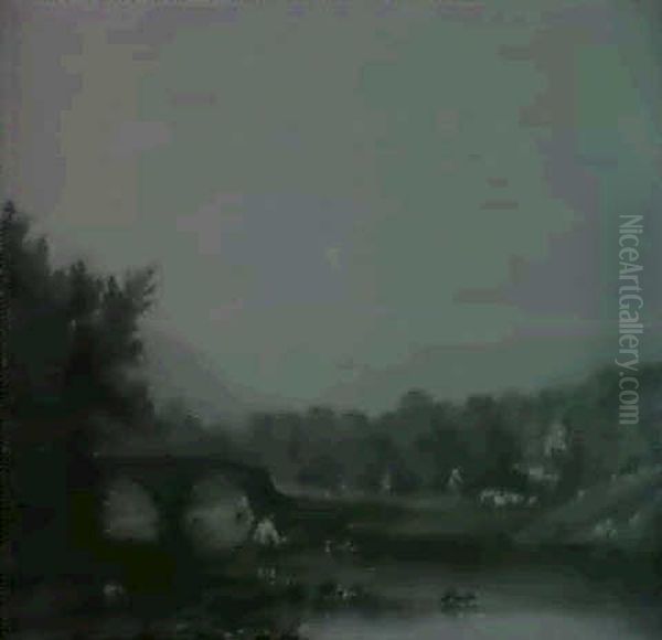 A Highland River Landscape With Figures On A Track By A Footbridge - view 1