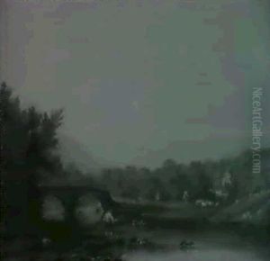 A Highland River Landscape With Figures On A Track By A     Footbridge