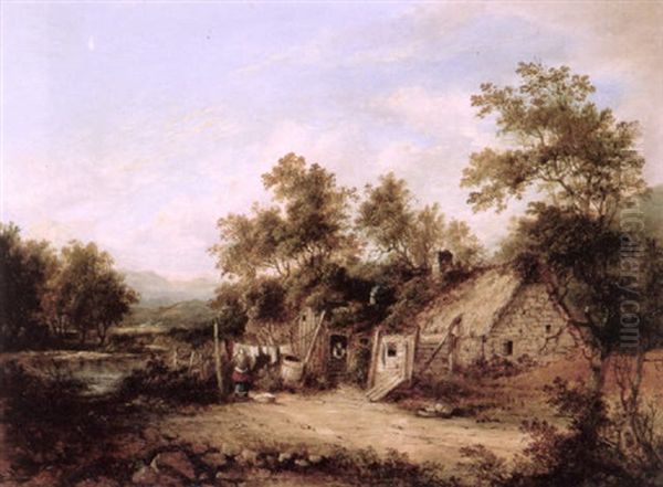 Peasant Woman Hanging Washing Before A Thatched Cottage - view 1