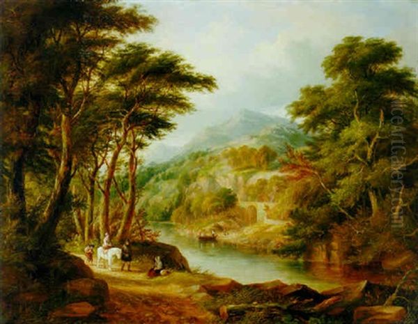 A Mountainous River Landscape With Travellers On A Path And A Ferry Boat Beyond - view 1