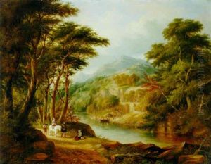 A Mountainous River Landscape With Travellers On A Path And A Ferry Boat Beyond