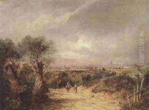 Travellers On A Path In Hampstead With A View Of London Beyond by Charlotte Nasmyth