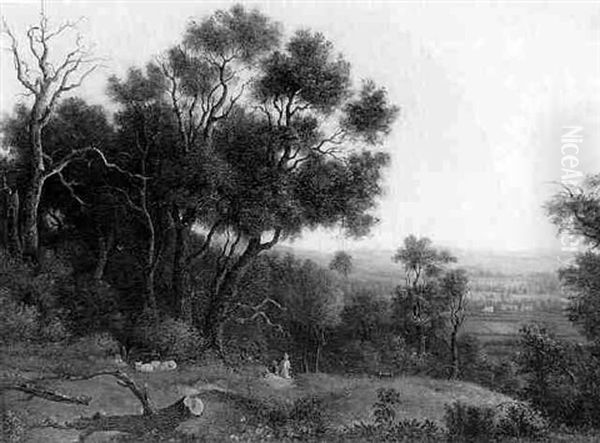 Figures, Sheep And A Dog In A Wooded Landscape - view 1