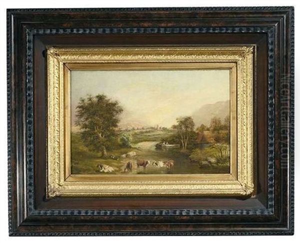 Blick In Eine Weite Landschaft. Im Vordergrund Kuhe Am Ufer Eines Kleinen Sees - view 1