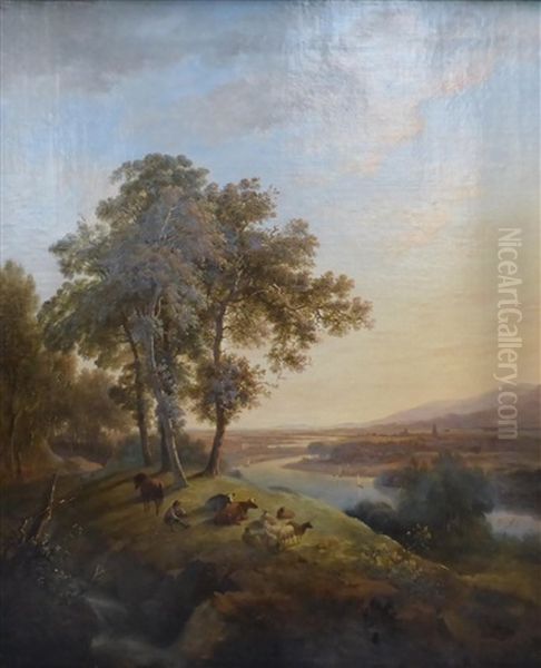 Resting Figures With Livestock In An Extensive Summer Landscape - view 1
