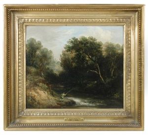 A Fisherman Fishing Watched By A Walker On A Track