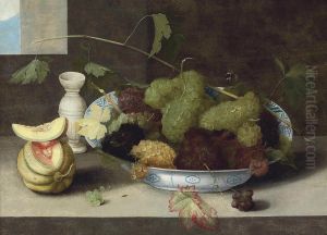 A Kraak Porcelain Bowl Of Grapes, With A Cut Melon And A Stoneware Vase On A Stone Ledge by Peter Paul Binoit