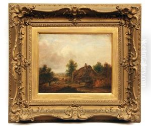 Shepherd And Sheep And Further Figures In A Lane By Thatched Cottage
