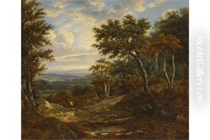 Extensive Landscape With Figures And Dog On A Path At The Edge Of A Wood