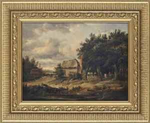 A Cottage By A Pond With Figures By A Gate by Patrick Nasmyth