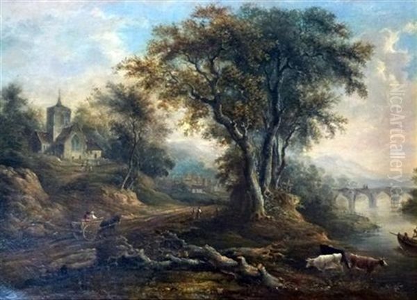 Landscape With Cattle, Church And Figures On A Bridge In The Distance - view 1