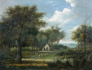 A Shepherd, Sheepdog And Sheep Before A Cottage