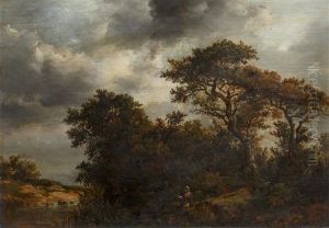 Wooded River Landscape With Angler Seated On The Bank Wooded River Landscape With Angler Seated On The Bank