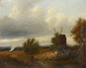 Figure On A Country Path, A Windmill Nearby Figure On A Country Path, A Windmill Nearby