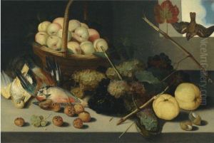 A Still Life With A Basket Of Peaches, Grapes, Snail Shells,medlers And Dead Game, All Arranged Beneath An Open Window by Peter Paul Binoit