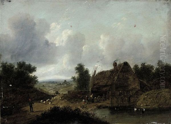 Figures Beside A Cottage, A Pool In The Foreground And A Shepherd Driving His Flock Along A Country Road - view 1