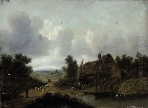 Figures Beside A Cottage, A Pool In The Foreground And A Shepherd Driving His Flock Along A Country Road by Patrick Nasmyth