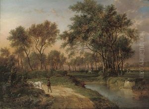 An Extensive River Landscape With An Angler On The Bank An Extensive River Landscape With An Angler On The Bank