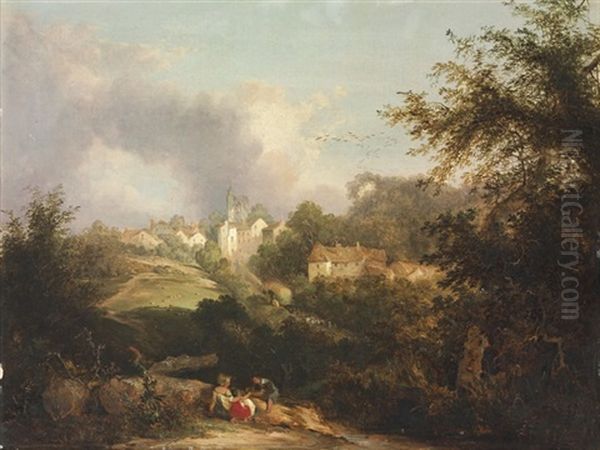 View Of A Hilltop Villiage, With Children In The Foreground - view 1