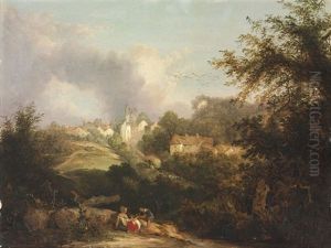 View Of A Hilltop Villiage, With Children In The Foreground View Of A Hilltop Villiage, With Children In The Foreground