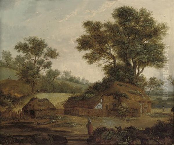A Wooded River Landscape With A Figure Resting By The Bank, Cottages Beyond - view 1