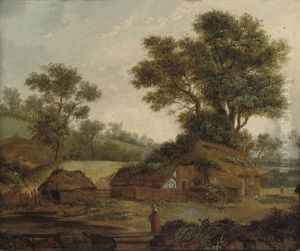 A Wooded River Landscape With A Figure Resting By The Bank, Cottages Beyond by Patrick Nasmyth