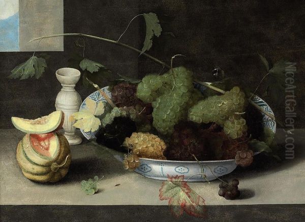 A Kraak Porcelain Bowl Of Grapes, With A Cut Melon And A Stonewarevase On A Stone Ledge - view 1