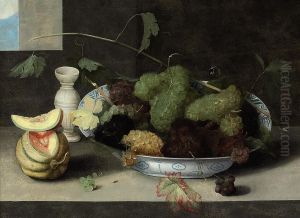 A Kraak Porcelain Bowl Of Grapes, With A Cut Melon And A Stonewarevase On A Stone Ledge by Peter Paul Binoit