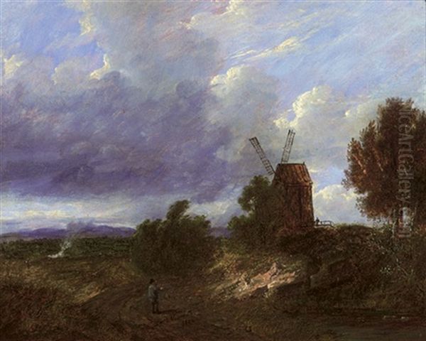 A Figure On A Country Road Before A Windmill - view 1
