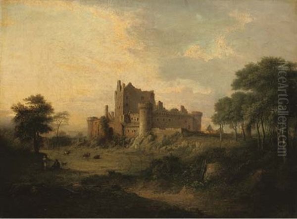 Castle Ruins In A Landscape With Figures And Cattle In The Foreground - view 1