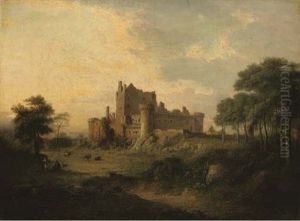 Castle Ruins In A Landscape With Figures And Cattle In The Foreground by Patrick Nasmyth