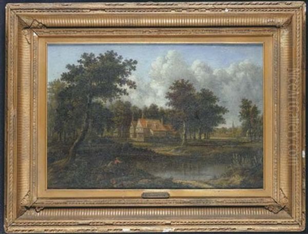 An Angler By A House In A Wooded River Landscape - view 1