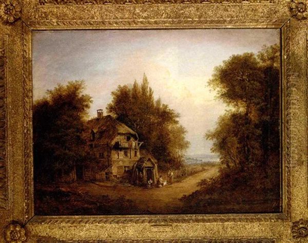 Washerwomen And Children Outside A House, A Coastal Landscape Beyond - view 1