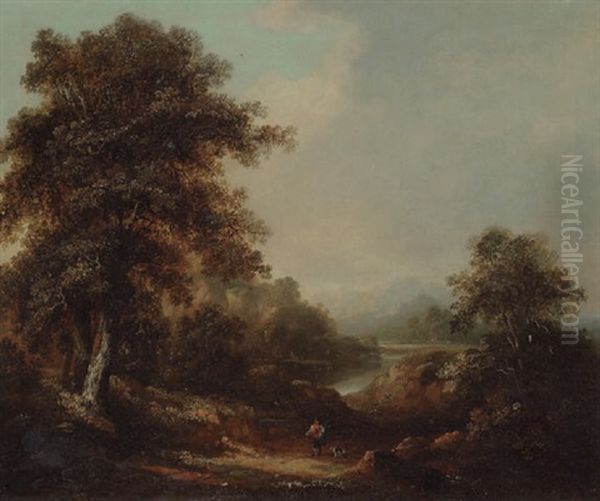 A Traveller On A Track In A Hilly Wooded Landscape - view 1