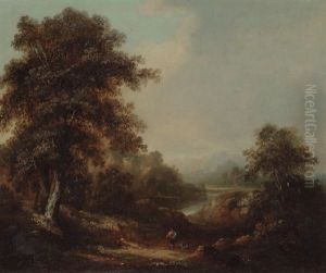 A Traveller On A Track In A Hilly Wooded Landscape by Patrick Nasmyth
