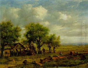 An Extensive Landscape With Woodmen In The Foreground
