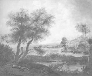 Figures Outside A Thatched Cottage In A River Landscape Figures Outside A Thatched Cottage In A River Landscape