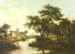 A Landscape With A Boy Fishing And Other Figures On The Banks With A House Beyond A Landscape With A Boy Fishing And Other Figures On The Banks With A House Beyond