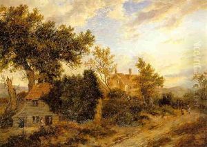 Travellers By Rural Buildings In Wooded Landscape by Patrick Nasmyth