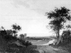 Figure Resting On A Path With His Dog In An Extensive Landscape, Cottages To The Left by Patrick Nasmyth